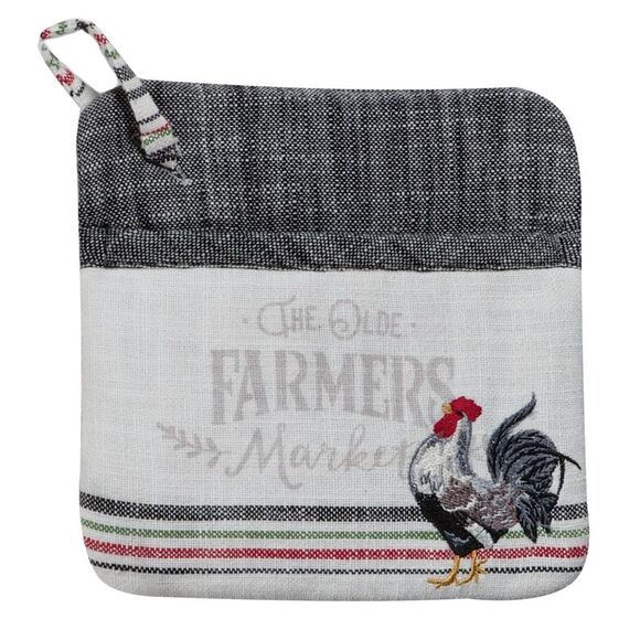 Olde Farmers Market Rooster Hen Embroidered Kitchen Tea Towel Pocket Mitt Set - Picture 3 of 6
